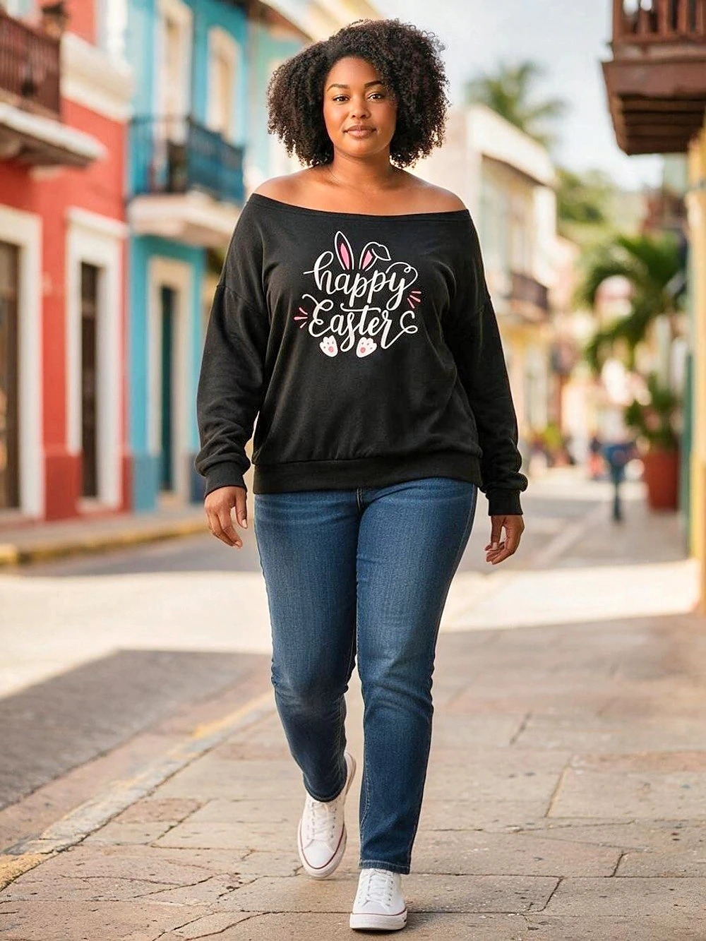 Roshop Happy Easter Off-Shoulder Graphic Sweatshirt